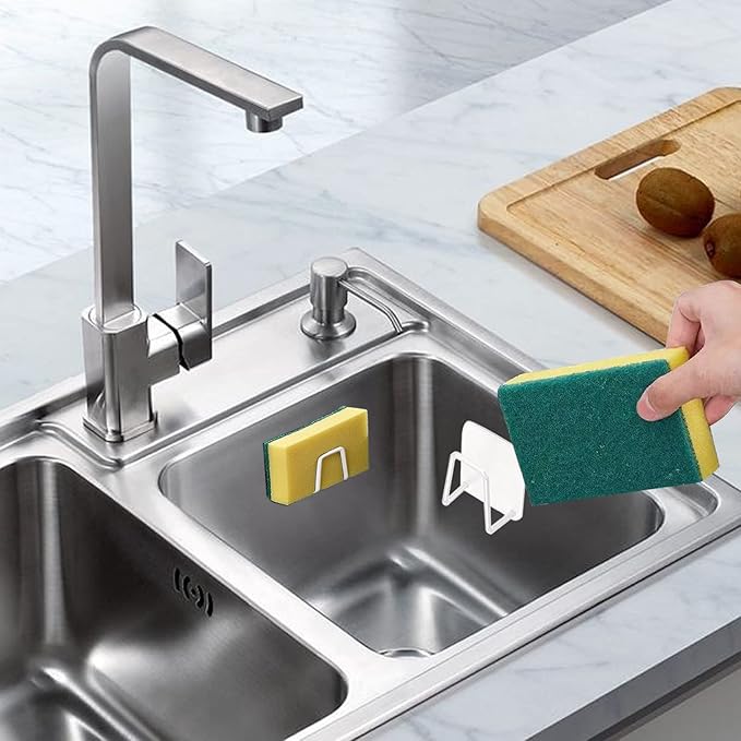 Sponge Holder for Kitchen Sink Caddy, Strong Adhesive Sponge Holder for Sink Counter, Dish Sponge and Brush Holder, Premium SUS304 Stainless Steel Rust Proof Waterproof-White(2 Pack)