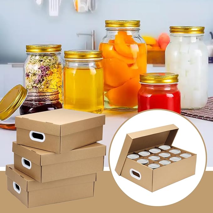 4 Pcs Cardboard Mason Jar Storage Box for 16 oz Regular or Wide Mouth Jars Canning Boxes with Handles and Dividers, 12 Cells Mason Jar Organizer Canning Jar Storage Boxes