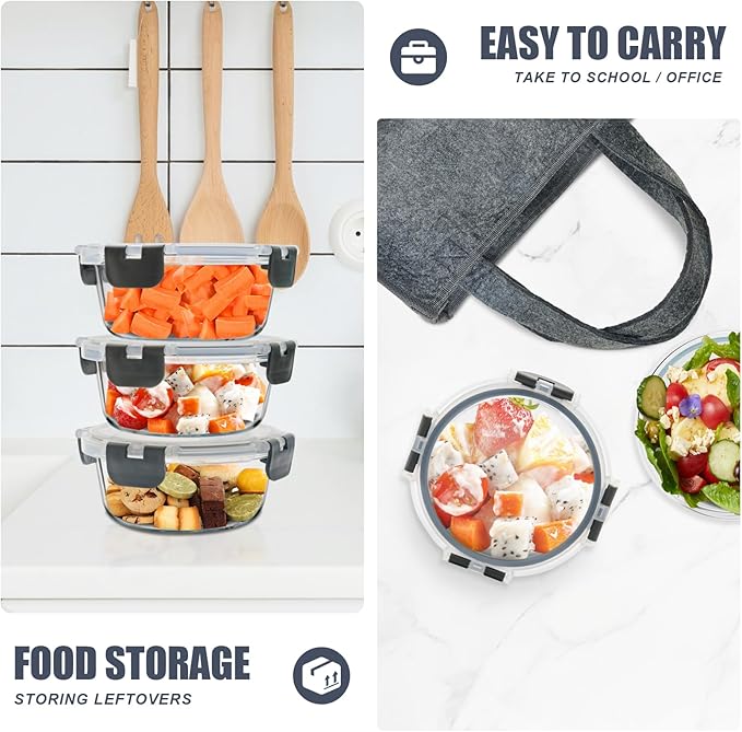 6Pack 13oz Glass Meal Prep Containers, Small Round Glass Food Storage Containers Sets with Snap Leak Proof Lids for Microwave, Freezer and Dishwasher Safe (Grey, 13oz)