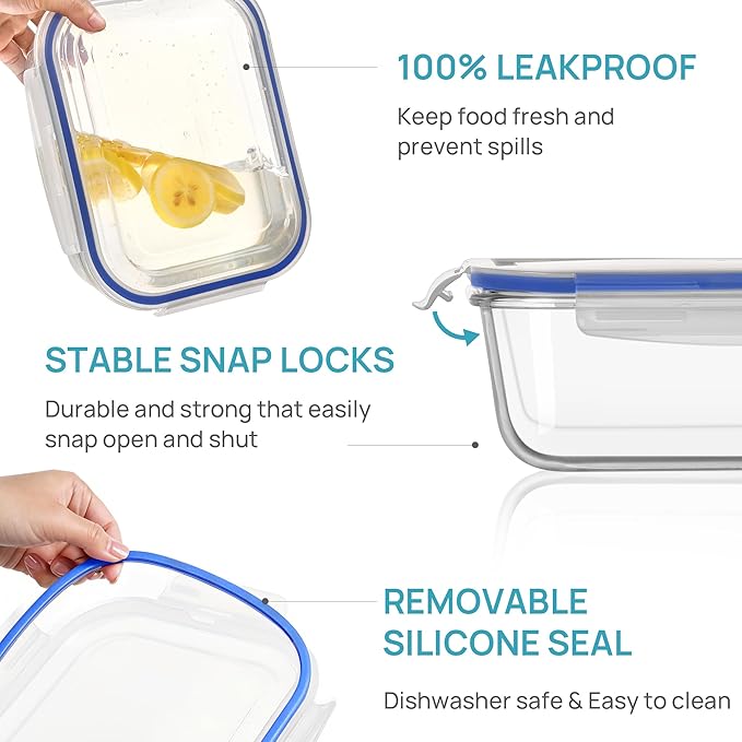 Vtopmart 2Pack 2260ml/ 76.4oz Large Glass Storage Containers with Lids, Meal Prep Food Container Set with Snap Airtight Lid for Baking, Microwave, Oven, Leak Proof, for Freezer, Dishwasher, Blue