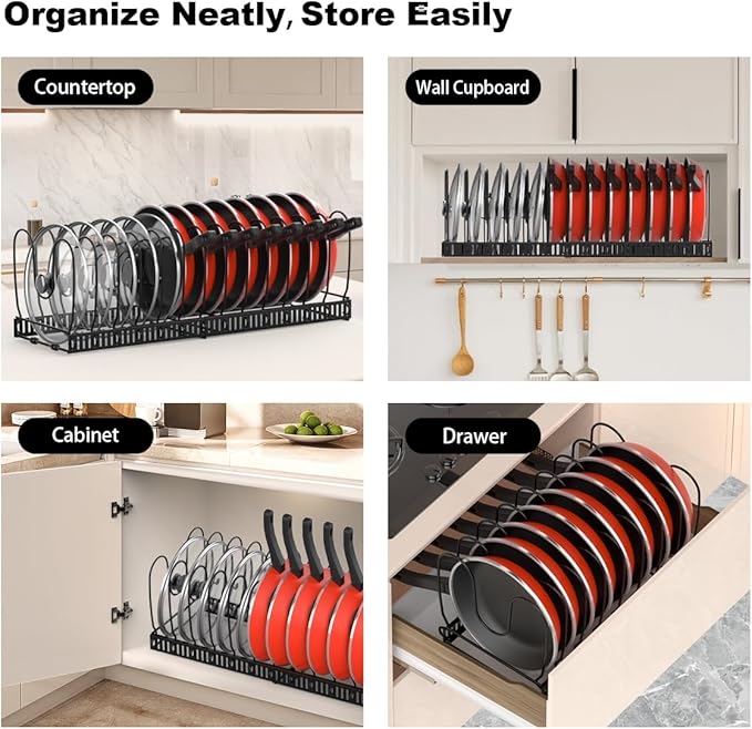 Housolution 2 Pack Pot and Pan Organizer, 12"-23" Expandable Pot Lid Organizer with 14 Adjustable Dividers, Pan Lid Holder Storage Rack for Cabinet, Black