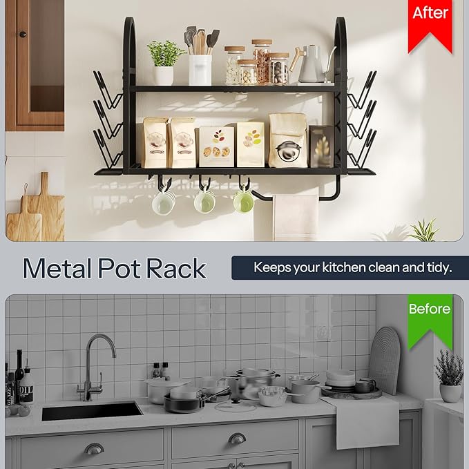 HOOBRO 30 Inch Pot Rack Wall Mounted, 2 Tier Pots and Pans Organizer with 6 Lid Holders and 10 Hooks, Wall-Mounted Pan Hanger with Towel Bar, for Kitchen Cookware Utensils Storage, Black BB100TL01