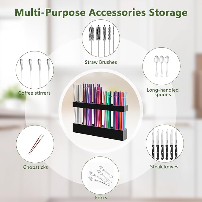 Malldii 9.5" Large Acrylic Straw Holder for Cabinet Door - Reusable Tumbler Straw Organizer Storage, Small Kitchen Accessories Container, Ultra Sticky Cupboard Door Mounted (Black)