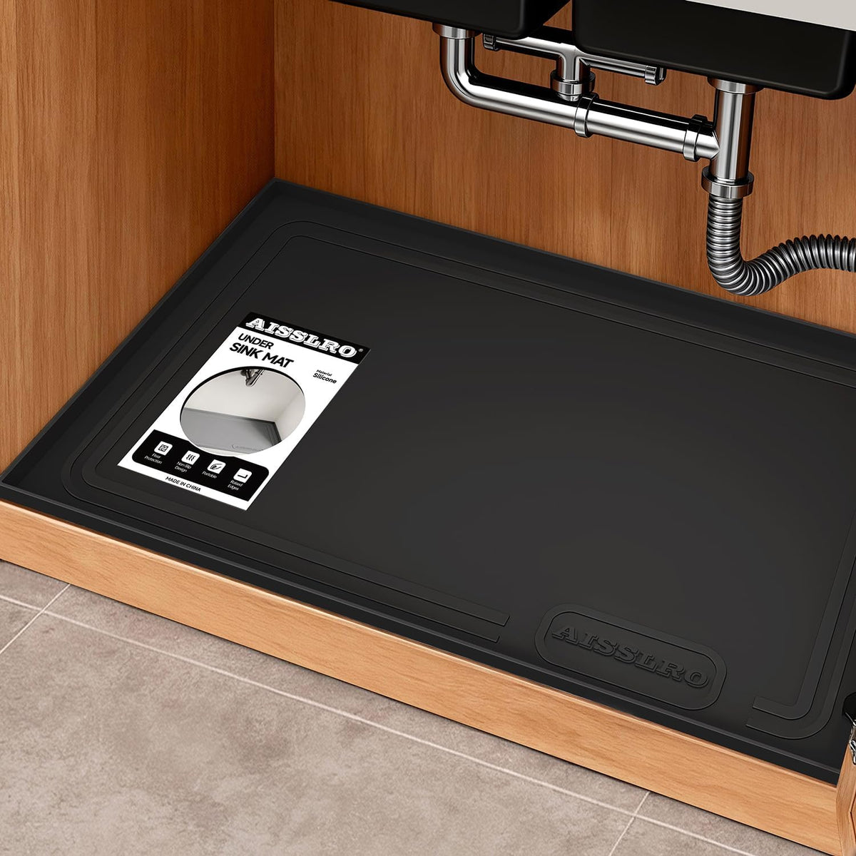 Under Sink Mat 31 X 22, Waterproof Silicone Cabinet Kitchen Liner, Black