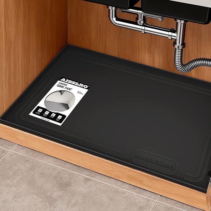 Aisslro Under Sink Mat 28" X 19", Waterproof Silicone Under Sink Mats for Kitchen, Anti-Leak Shelf Liner & Cabinet Protector with Raised Edge, [BPA Free] Bathroom Tray Home Organizer, Black