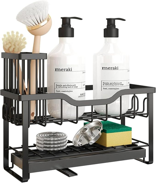 2-Tier Sponge Holder for Kitchen Sink, Caddy Organizer with High Brush Holder