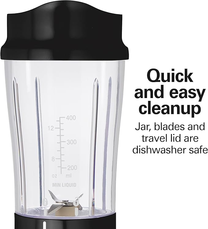 Hamilton Beach Portable for Shakes and Smoothies, 14 Oz BPA Free Travel Cup & Lid, Durable Stainless Steel Blades, Personal Smoothie, Black (51101AG)