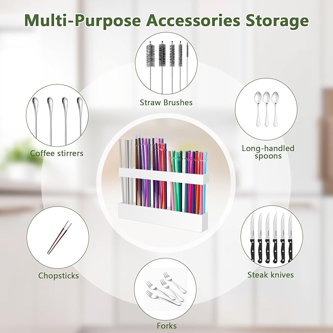 Malldii 9.5" Large Acrylic Straw Holder for Cabinet Door - Reusable Tumbler Straw Organizer Storage, Small Kitchen Accessories Container, Ultra Sticky Cupboard Door Mounted (White)
