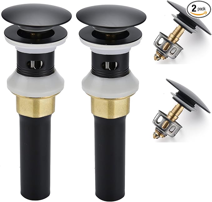 Rockgoya Bathroom Sink Drain,2 Pack Drain Stopper Bathroom Sink with Overflow,Pop Up Drain Assembly with Detachable Strainer Basket,Built-in Anti-Clogging Strainer,Stainless Steel Mattle Black