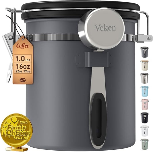Veken Coffee Canister, Airtight Stainless Steel Kitchen Food Storage Container Holder for Beans, Ground, Tea, Flour, Cereal, Sugar, Espresso, Bar Accessories, Lids, Jars, Sealed Tin, Scoop,16OZ, Gray