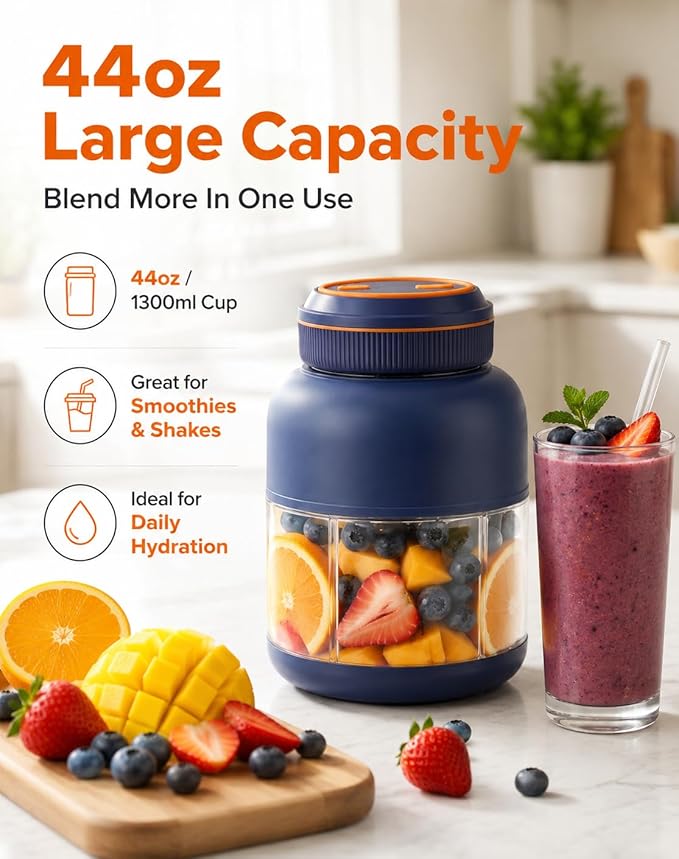Portable Blender 44oz, Wireless Juicer Cup for Shakes and Smoothies, Personal Size Blender with Dual Lid & Leakproof Handle, Compact Travel Drinking Cup for Gym, Office, Kitchen, Outdoor (Blue 27oz)