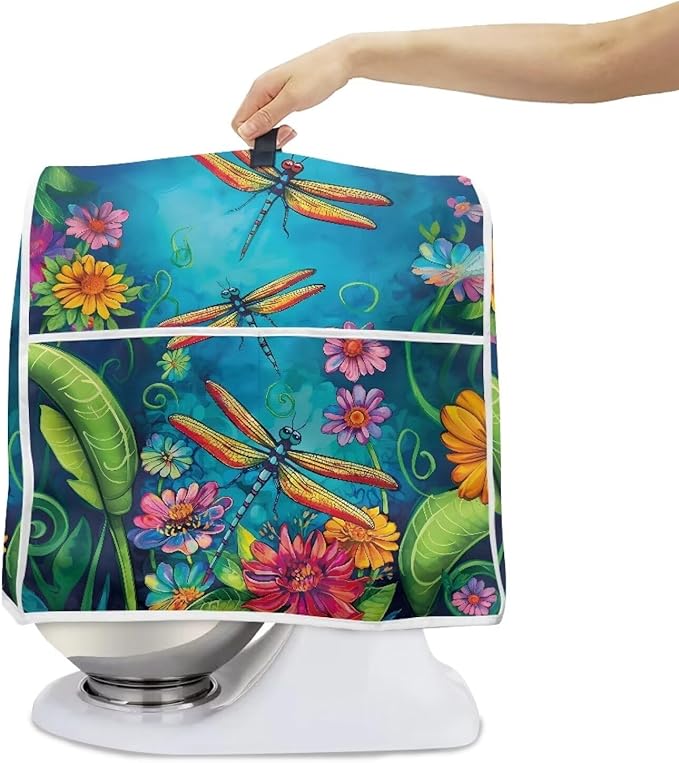 Dragonfly Mixer Cover | Dust & Oil Resistant Protector with Handle & Pocket | 6-8 Quart Kitchen Appliance Cover for Home Decor