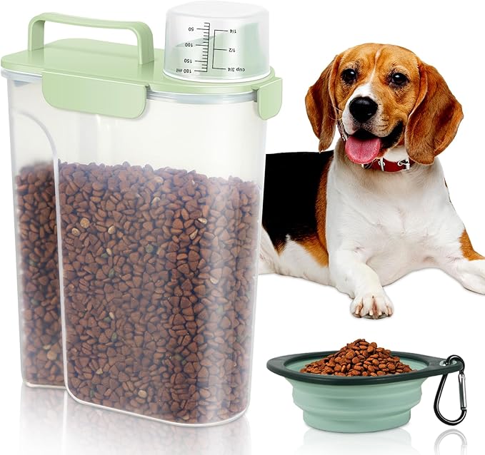 5 Lbs Dog Cat Food Storage Container with Collapsible Dog Bowls for Travel, Portable Pet Food Storage Container, Easy-Pouring Bird Seed Dispenser, Airtight Rice Cereal Oatmeal Flour Holder -Green
