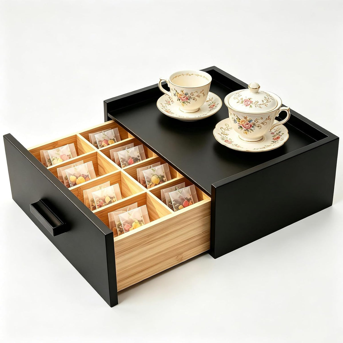 Black Bamboo Tea Bag Organizer Storage Box with Drawer