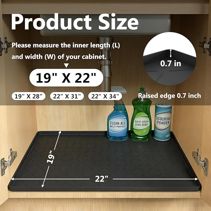 Mateeylife Under Sink Mats for Kitchen Waterproof 22"X19", Undersink Protectors，Silicone Mat Cabinet Liner, Under Sink Organizer for Bathroom and Kitchen，Boot Tray Pet Food Mat, Classic Black