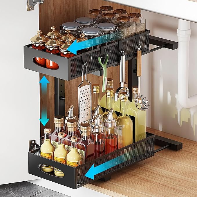 Under Sink Pull Out Organizer, 5-Level Adjustable Height to Fit U/L Shape Plumbing Pipes, Carbon Steel 2-Tier Storage Rack for Kitchen Bathroom Cabinet, Black