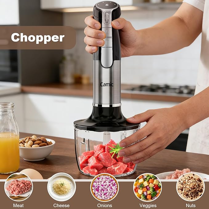 Camic Hand Blender, Cordless Immersion Blender with 6 Speeds, 4 in 1 Portable Mixer Electric Handheld Mixer with Blender, Chopper, Whisk, Frother for Soup, Smoothies, Baby Food and Puree (Black)