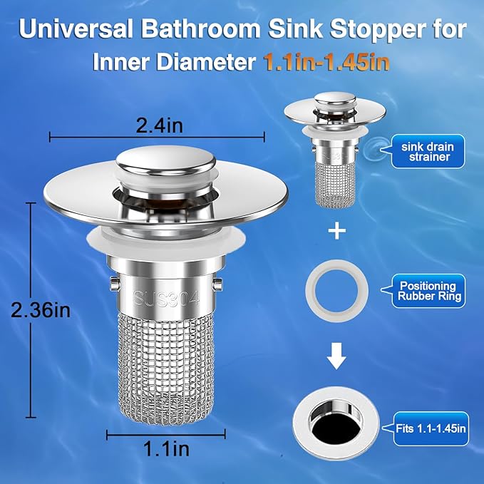 Bathroom Sink Drain Strainer,(4PCS) Pop-up Sink Drain Strainer with Removable Stainless Steel Strainer Basket Hair Catcher, Bathroom Sink Strainer for Bathroom Sink Stopper Replacement