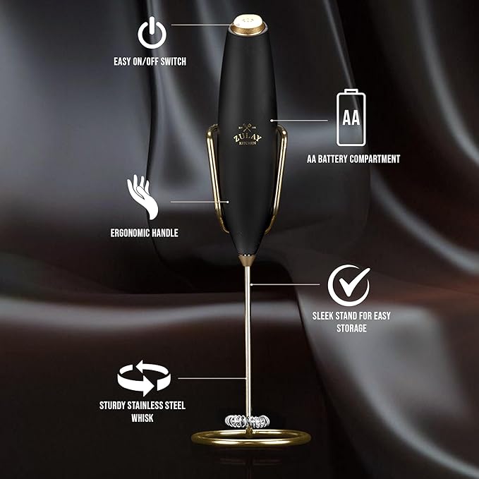 Zulay Kitchen Powerful Milk Frother Wand With Duracell Batteries - Ultra Fast Handheld Drink Mixer - Electric Whisk Foam Maker for Coffee, Lattes, Cappuccino & Matcha - Z1 Motor - Exec Black Gold