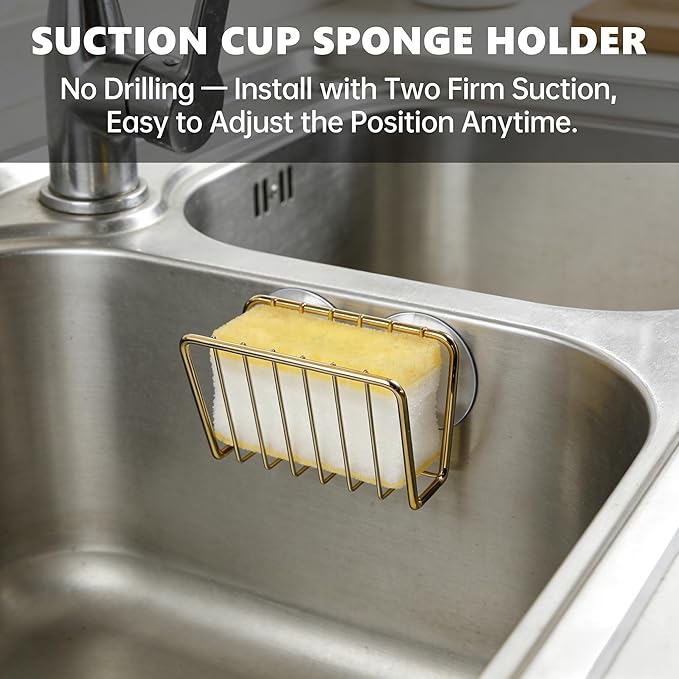 Kitchen Sink Suction Holder for Sponges,Soap,sink strainer, sink stopper.Food Graded Stainless Steel,No Drilling,Wall Mounted Soap Holder Soap Tray Bar Holder for Bathroom & Kitchen,Gold.