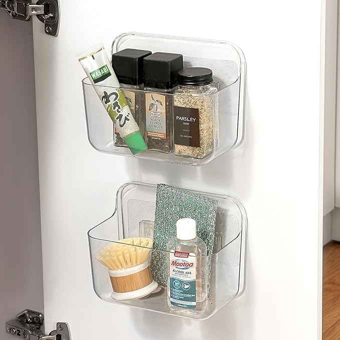 2 Pack Adhesive Cabinet Door Organizer, Compact Kitchen Under Sink Organizer, Clear Lid Storage Container for Pantry Shelves, Wall Mounted Bathroom Shower Caddy Hanging Closet Organizer