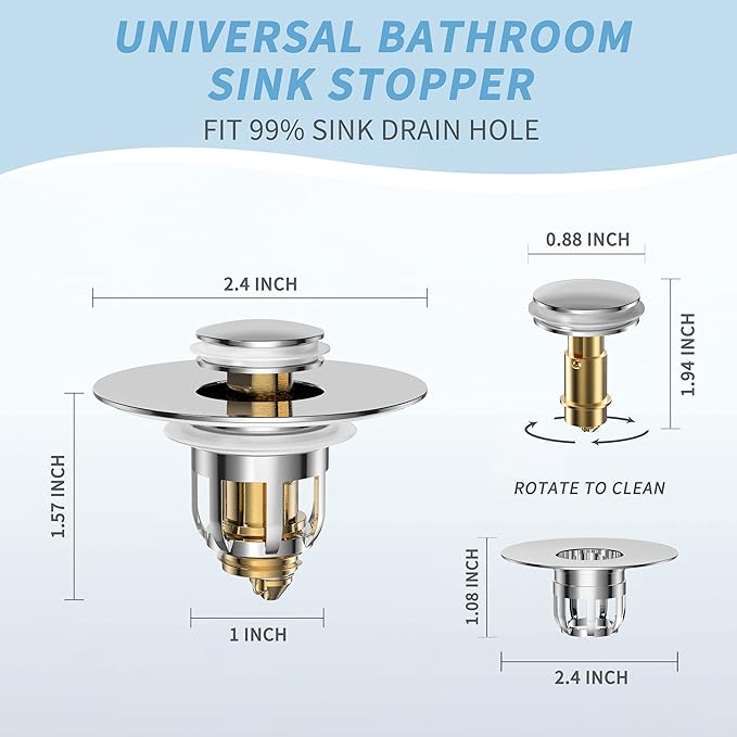 Universal 2 in 1 Bathroom Sink Stopper, Pop Up Bathroom Sink Drain Strainer with Anti-Clogging Filter Basket, Bathroom Drain Stopper Sink Plug for 1.06"-1.65" Basin Drain Holes