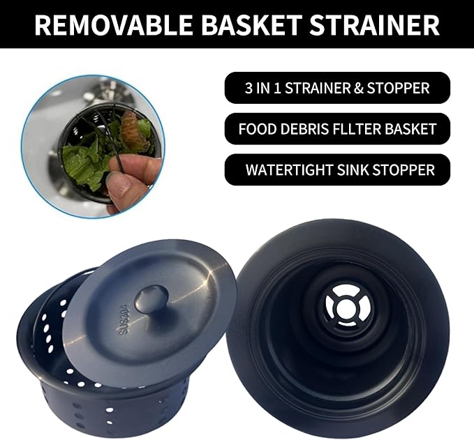 Sink Strainer Kitchen Sink Drain Assembly Kit 3-1/2 Inch with Kitchen Sink Drain Basket,304 Stainless Steel Sink Stopper & Cover Lid，Stainless Steel Matt Black