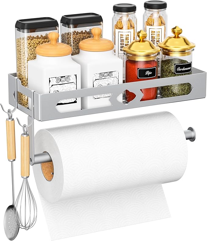 Paper Towel Holder Wall Mount, MAYZOLOP Easy One-Hand Tear Design Paper Towel Holder with 2 Hooks, Fits Kitchen, RV, Bathroom, Self-Adhesive or Drilling Installation, Silver