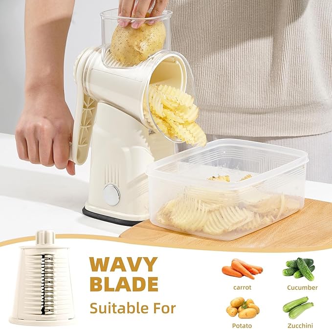 Rotary Cheese Grater with Handle, Vegetable Shredder with 5 Replaceable Blades & Strong Suction Base, Round Food Slicer & Chopper for Kitchen Fruit Vegetables Nuts with Blade Storage Box (Beige)