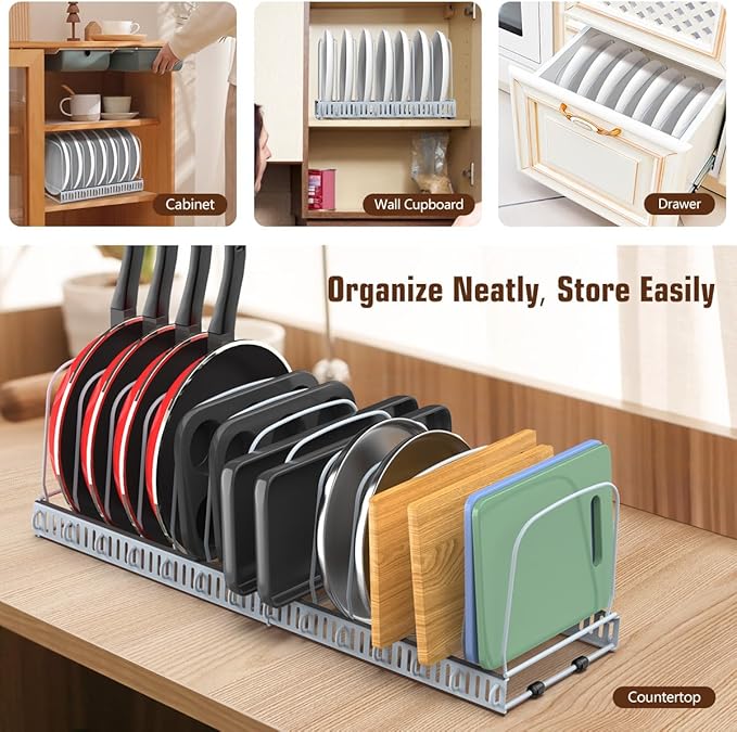 Housolution Cutting Board Organizer Rack, Expandable Baking Tray and Cookie Sheet Organizer with 14 Adjustable Dividers, Bakeware Muffin Tin Cupcake Pan Storage Organizer for Cabinet, Gray