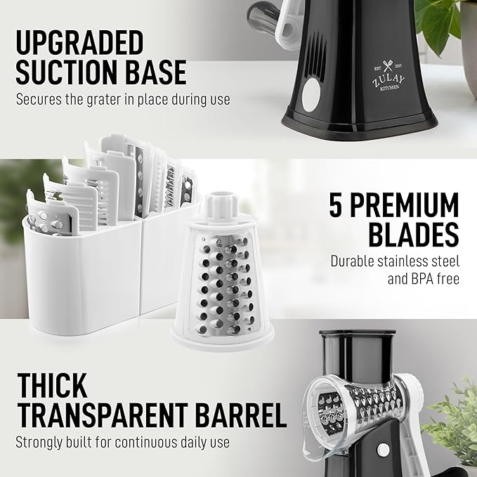 Zulay Kitchen Rotary Cheese Grater 5 Blade Cheese Shredder - Manual Hand Crank Cheese Grater With Reinforced Suction & 5 Interchangeable Drums - Easy to Use, Vegetable Chopper Round Mandoline Slicer