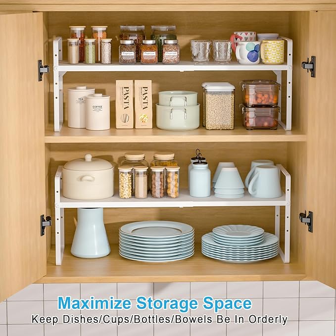 15.5 to 25.5 Inch Kitchen Cabinet Shelf Organizers, Adjustable Kitchen Counter Shelf Organizer, Set of 3 Expandable Countertop Storage Shelves, Stackable Design, 30LBS Heavy Duty, Space Saver