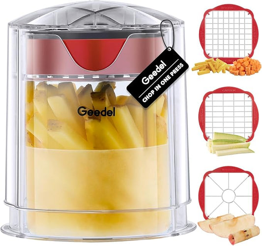 French Fry Cutter, Professional Home Style Onion Chopper, Vegetable Chopper Dicer Manual, Easy to Clean, Ultra Sharp Blades Thick-Strip Fry Cutter Apple Slicer and Corer, 3 Blades