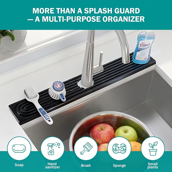 PEKER Teak Wood Faucet Mat for Kitchen Sink 19.7" – Natural Teak Sink Splash Guard Tray, Water-Resistant Wooden Sink Drip Catcher & Organizer for Kitchen & Bathroom Counter