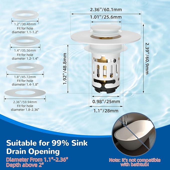 Hibbent Upgraded 3 in 1 Bathroom Sink Drain Strainer, Universal Pop Up Stopper with Removable Stainless Steel Filter Basket Hair Catcher, Sink Plug for 1.1''~2.36'' Basin, Brass Bullet Core, White