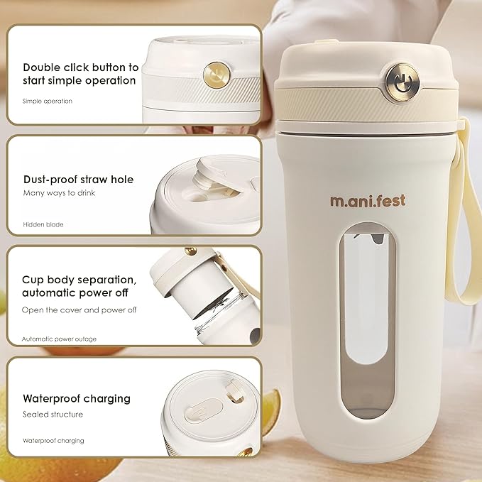 M.ani.fest Portable Blender 350ml – USB Rechargeable Mini Juicer Cup with Type-C, Upgraded Motor, Personal Smoothie Maker for Travel, White