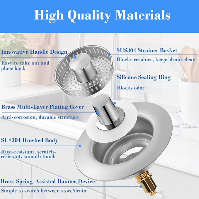 Upgraded 3-in-1 Kitchen Sink Drain Strainer with Solid Brass Core, Fast-Drain Pop-Up Sink Stopper, 304 Stainless Steel, Removable Anti-Clog Basket, for US Standard 3-1/2'' Drains