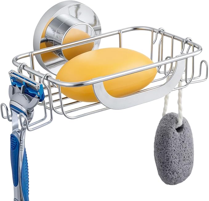 Soap Dish, Soap Bar Holder for Shower Suction Cup with 4 Hooks Wall Mounted, Stainless Steel No-Drilling Removable Waterproof Sponge Holder for Bathroom Bathtub Kitchen Sink, Silver