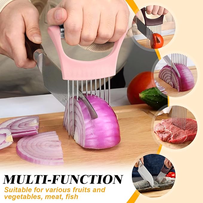 Pink Stainless Steel Onion Holder for Slicing,Onion Slicer Holder, Onion Cutter for Slicing of Onions, Tomatoes,Avocados,Eggs and Other Vegetables,Valentine's Day Gift Kitchen Utensils (Pink)
