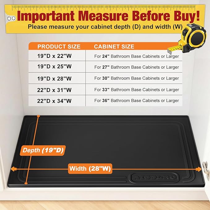 Aisslro Under Sink Mat 28" X 19", Waterproof Silicone Under Sink Mats for Kitchen, Anti-Leak Shelf Liner & Cabinet Protector with Raised Edge, [BPA Free] Bathroom Tray Home Organizer, Black