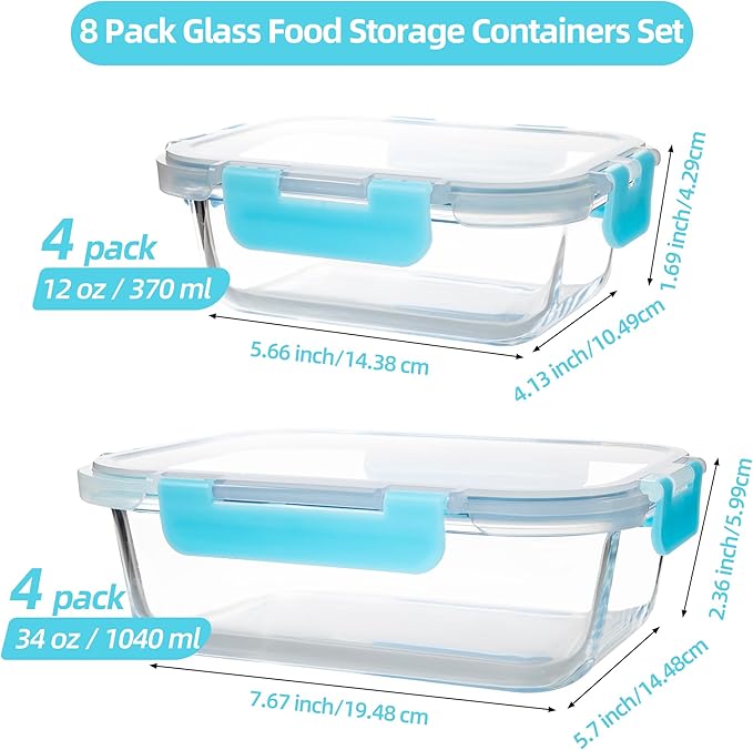 16PCS (8 Bowls + 8 Lids) High Borosilicate Glass Meal Prep Containers, Food Storage Containers with Airtight Lids, Glass Lunch Bento Boxes,Dishwasher Safe, blue