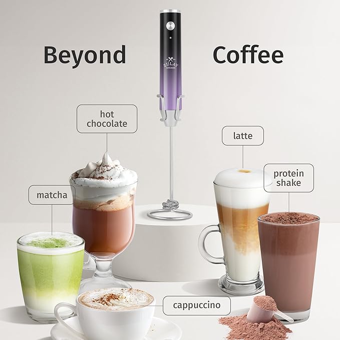 Zulay Kitchen Rechargeable Milk Frother Handheld - Frother Wand, Drink Mixer, Electric Whisk Frother, for Cappuccinos, Matcha & Protein Powder - Lux 4 Whisk 2 Speed Waterproof 2000mAh Black Purple