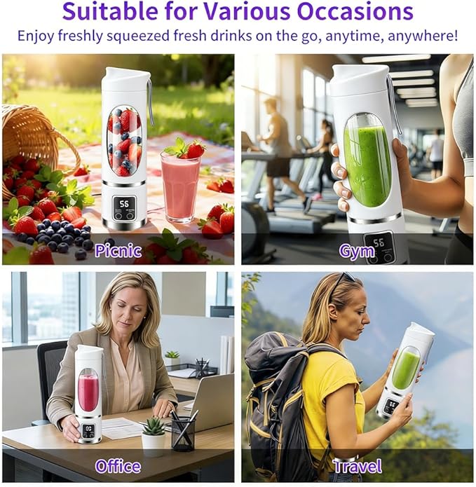 Portable Personal Blender, 500ML Cordless Compact Travel Juicer for Shakes and Smoothies, Small Blenders with Smart time display, Self-cleaning, BPA Free Cup & Lid, 12 blades, USB-C Rechargeable White