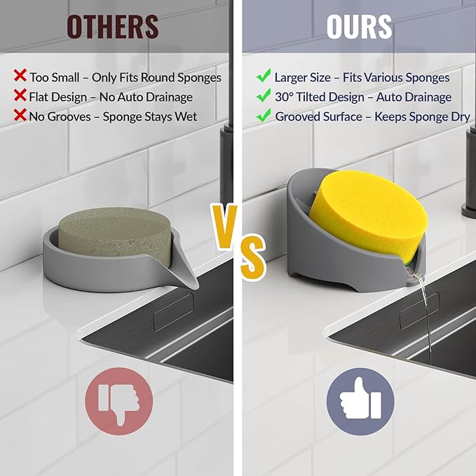 NiHome Silicone Sponge Holder Compatible with Scrub Daddy Mommy Sponges for Kitchen & Bathroom, Auto Draining Organizer Holds Multiple Sponges & Cleaning Tools, Food-Grade, Dishwasher Safe (Dark Gray)