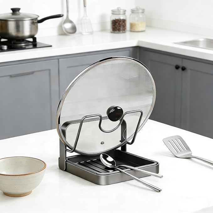 304 Stainless Steel Kitchen Pot Lid Storage Rack, Pot Lid Holder while Cooking, Pot Lid Organizer with Removable Tray & Spoon Rest,Waterproof & Rustproof(Grey, 1 Layer)