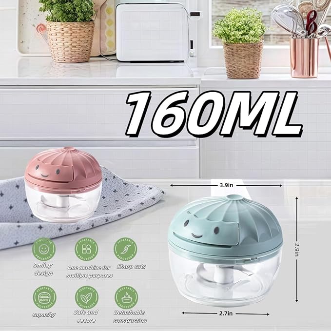 Manual Food Processor Vegetable Chopper, Mini Hand Pull String Garlic Chopper Onion Cutter for Veggies, Ginger, Fruits, Nuts, Avocado, garlic etc., Food Safe Material, 160ml (pink)