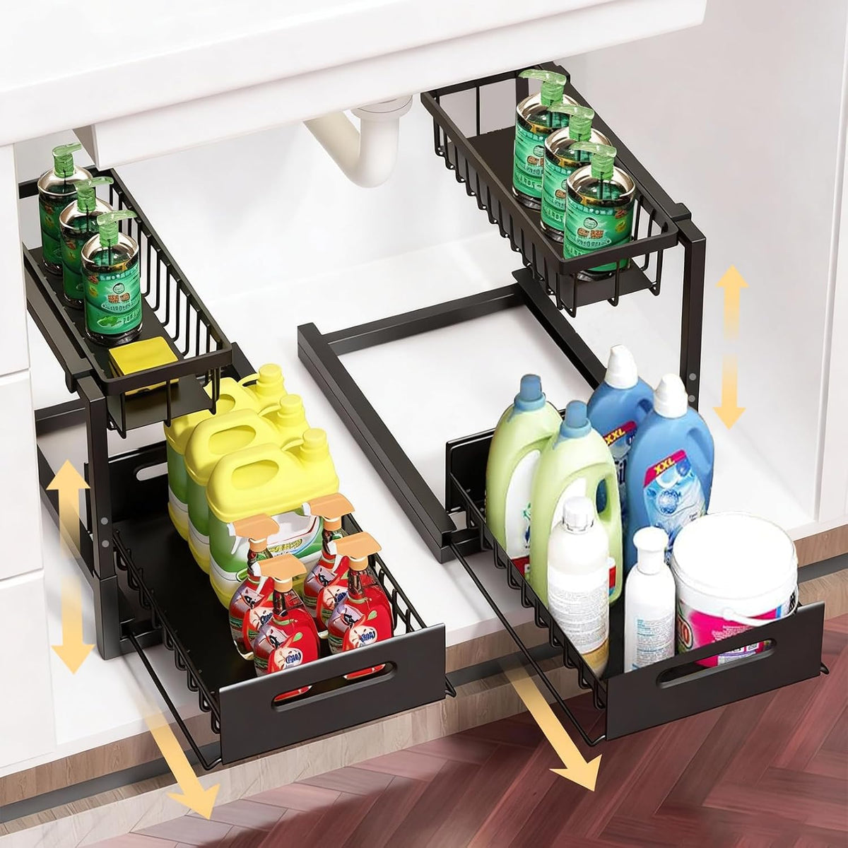 2 Pack Under Sink Organizer, Height Adjustable Pull Out Cabinet Shelf, Heavy Duty Metal Sliding Drawer, Rust-Resistant Storage for Kitchen Bathroom Pantry, Fits Tall Bottles & Plumbing P-Traps