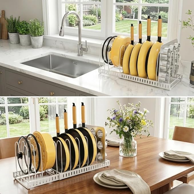 Pot and Pan Organizer Rack for Cabinet, 3 Expandable Pot Lid Organizer Holder with 12 Adjustable Compartment for Kitchen Cutting Board, Pan Lid, Bakeware, White