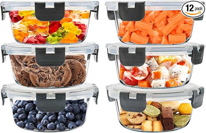 6Pack 13oz Glass Meal Prep Containers, Small Round Glass Food Storage Containers Sets with Snap Leak Proof Lids for Microwave, Freezer and Dishwasher Safe (Grey, 13oz)
