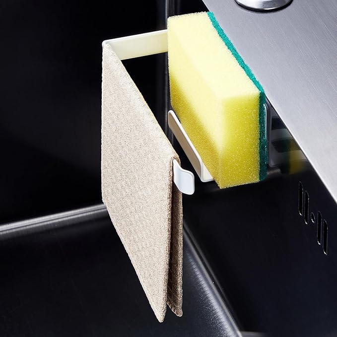 Sponge Holder for Kitchen Sink, Adhesive Dishcloth Holder, Dish Sponge Kitchen Sink Caddy 2 in 1, Metal Dishcloth Racks Sink for Dishcloths, Sponges, Brushes and Glove (White)